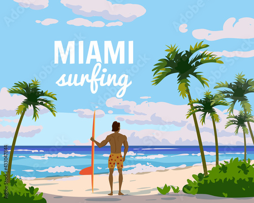 Miami surfing. Tropical beach summer resort, seashore sand, palms, waves. Surfer van with surfboard. Ocean, sea exotical beach landscape, clouds, nature. Vector illustration