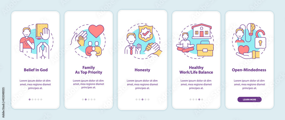 Personal values onboarding mobile app page screen with concepts. Belief in God, honesty, family walkthrough 5 steps graphic instructions. UI, UX, GUI vector template with linear color illustrations