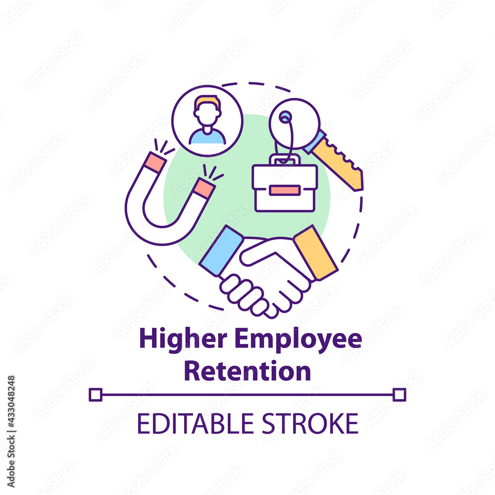 Higher employee retention concept icon. Company culture benefit idea thin line illustration. Increasing job satisfaction. Keeping motivation. Vector isolated outline RGB color drawing. Editable stroke Higher employee retention concept icon. Company culture benefit idea thin line illustration. Increasing job satisfaction. Keeping motivation. Vector isolated outline RGB color drawing. Editable stroke