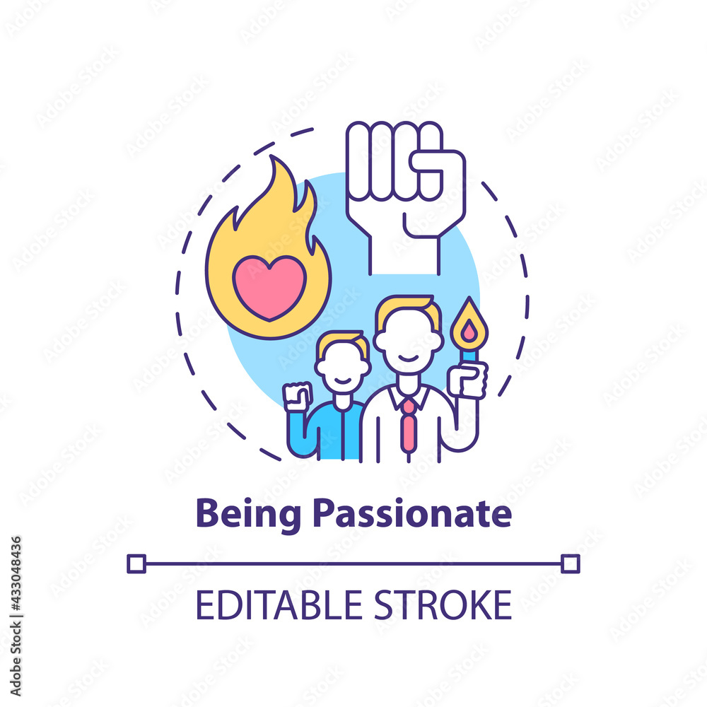 Being passionate concept icon. Corporate core value idea thin line illustration. Showing intense enthusiasm about work. Employee output. Vector isolated outline RGB color drawing. Editable stroke Being passionate concept icon. Corporate core value idea thin line illustration. Showing intense enthusiasm about work. Employee output. Vector isolated outline RGB color drawing. Editable stroke