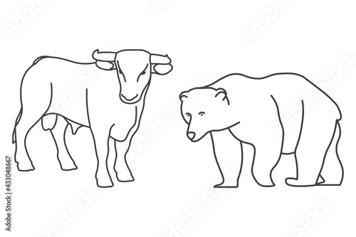 Bull and bear shapes with symbols of stock market trends on them. Vector illustration.