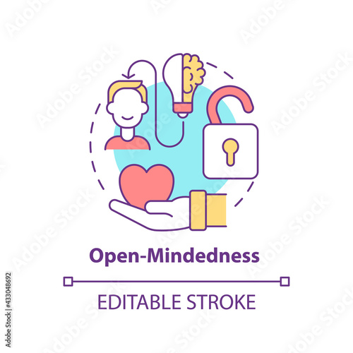 Open-mindedness concept icon. Personal value idea thin line illustration. Open-minded person. Welcoming perspective, idea without prejudice. Vector isolated outline RGB color drawing. Editable stroke