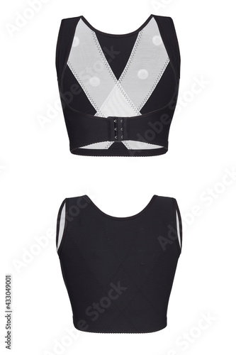 Subject shot of black corset bra with hook fastener and massage inserts. Open bust with push up effect and posture correction function is isolated on the white background. Front and back views. 