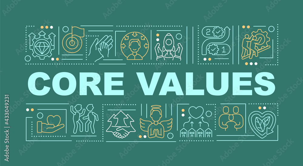 Core values word concepts banner. Behaviors, decisions control. Fundamental beliefs. Infographics with linear icons on green background. Isolated typography. Vector outline RGB color illustration
