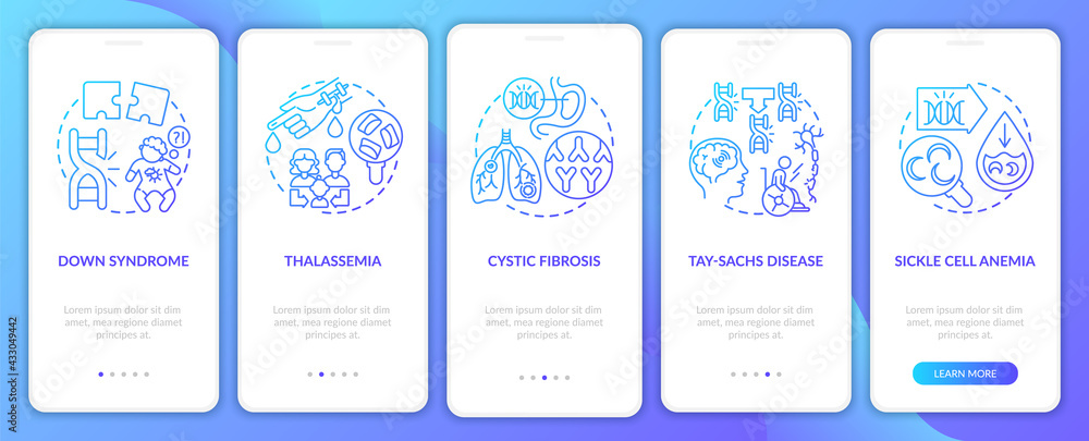 Most common genetic diseases navy onboarding mobile app page screen with concepts. Health walkthrough 5 steps graphic instructions. UI, UX, GUI vector template with linear color illustrations