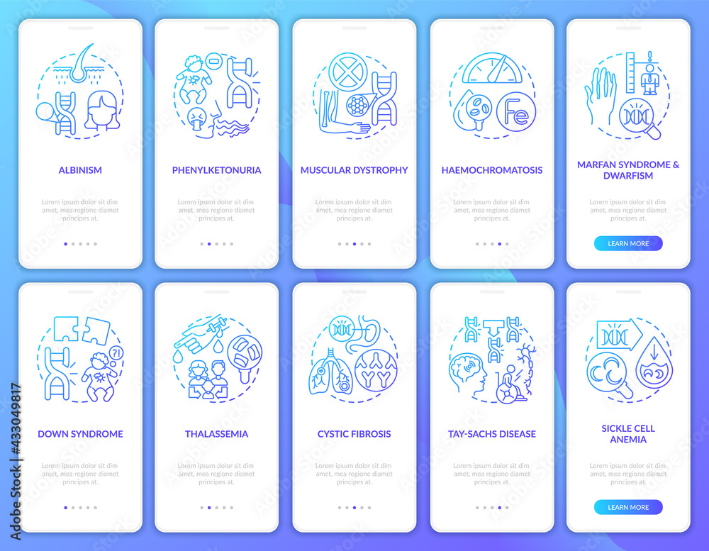 Genetic disease navy onboarding mobile app page screen with concepts. Hereditary illness walkthrough 5 steps graphic instructions. UI, UX, GUI vector template with linear color illustrations