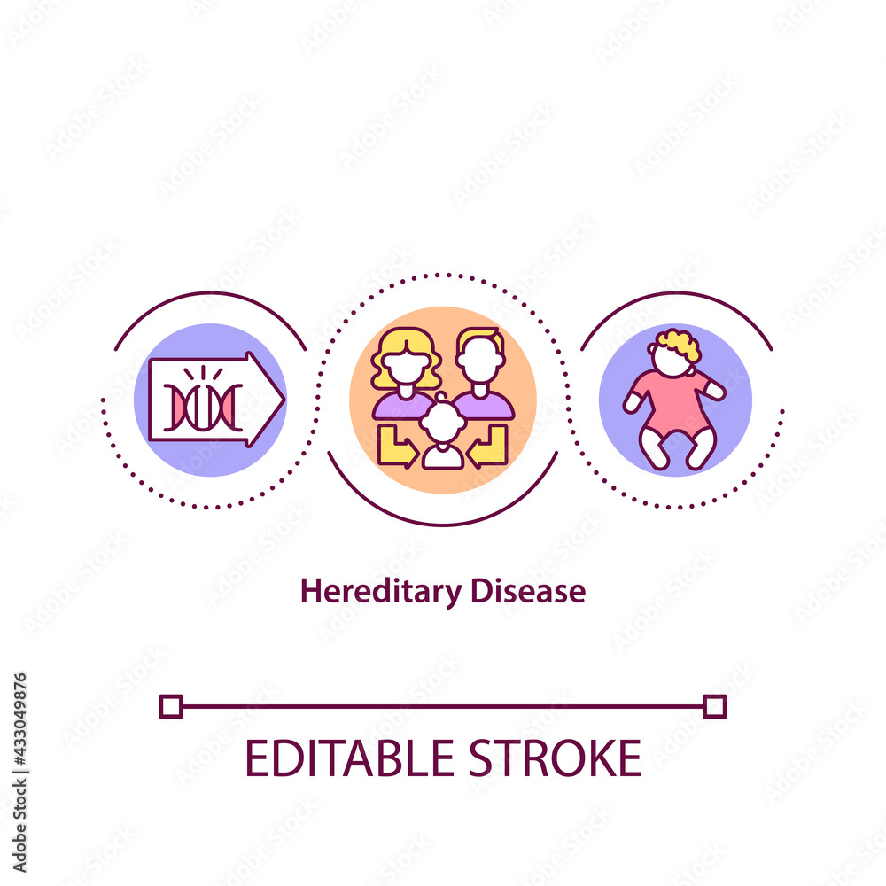 Hereditary disease concept icon. Health problems in family tree. Special medical treatment process idea thin line illustration. Vector isolated outline RGB color drawing. Editable stroke