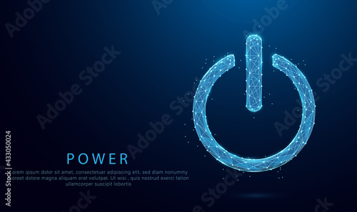 power button concept on Low Poly wireframe blue illustration on dark background. Lines and dots. photo