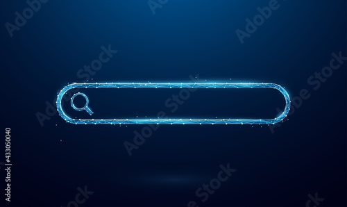 Low poly blank search bar on pink background. web search concept.Low Polygonal wireframe blue illustration on dark background. Lines and dots.