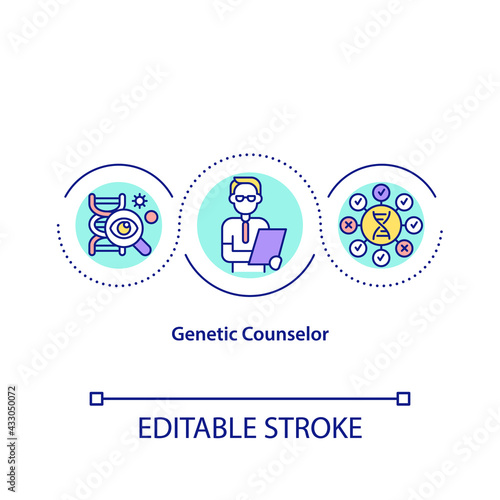 Genetic counselor concept icon. Specialist who analyse human body genetics. Research of health problems idea thin line illustration. Vector isolated outline RGB color drawing. Editable stroke