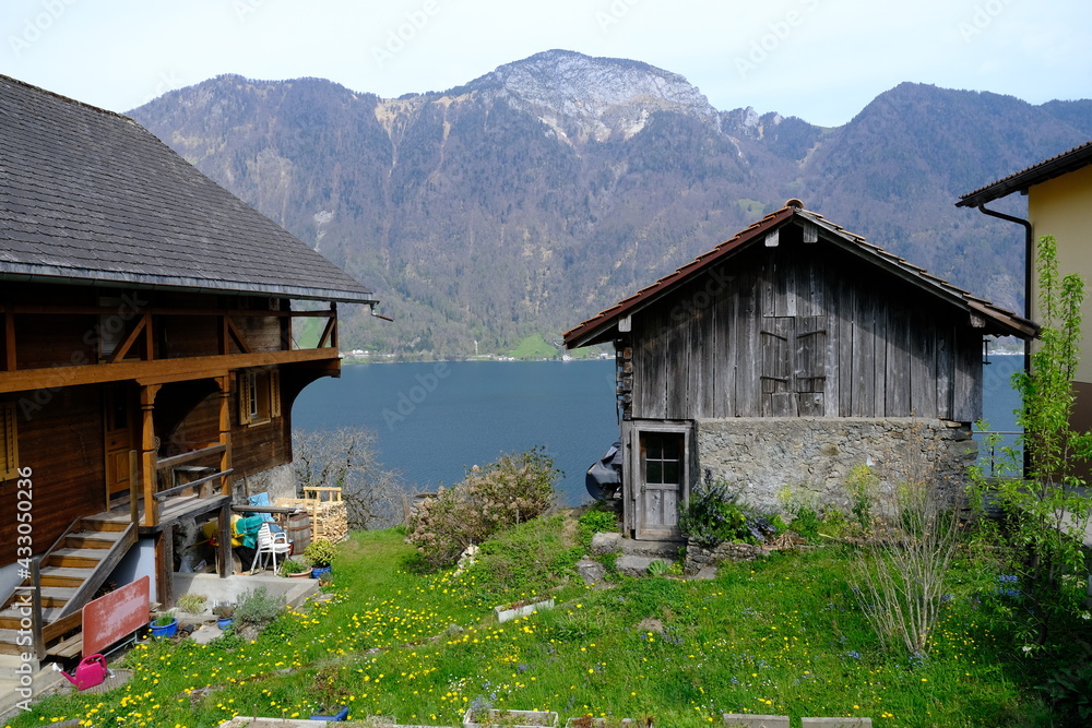 A wooden house at Seelisberg in the center of Switzerland. April 2021.