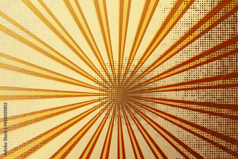 Obraz premium Retro rays comic yellow and brown background raster gradient halftone and dotted shades pop art style. Vector illustration eps 10 vintage pop art background