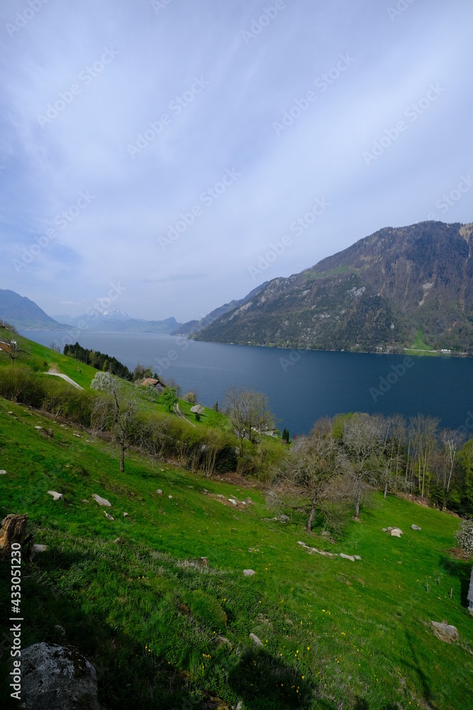 A view of the Lucern lake, from the small village of Vollingen. Switzerland, April 2021.