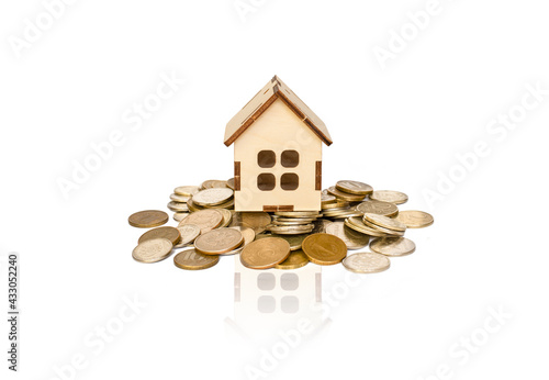 wooden house on a heap of coins on a white background