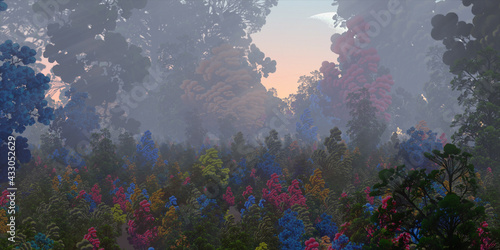 Colorful fantasy forest. Imaginary plants. Dense haze. Vivid concept art scenery. 2d illustration. © Jakub