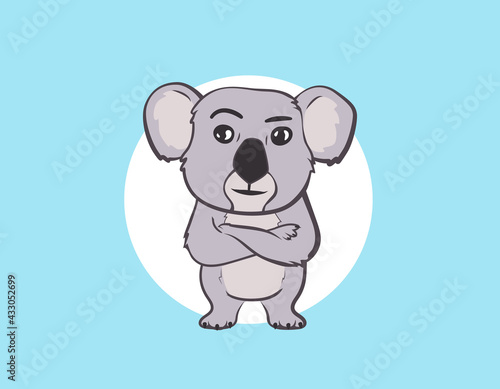 Koala bear in pose. Grey mascot colourful art for kids.