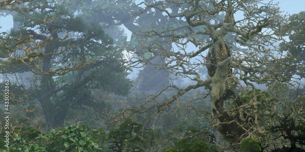 Fototapeta premium Colorful fantasy forest. Imaginary plants. Dense haze. Vivid concept art scenery. 2d illustration.