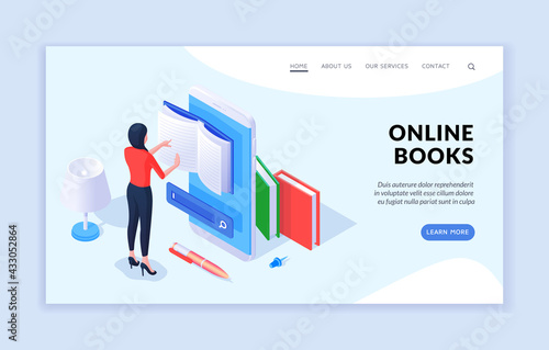 Online books concept isometric vector illustration. Landing page website banner template. Advertising resource of online books with female cartoon character reading using mobile application