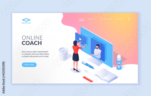 Online coach. Landing page website banner template. Isometric design of modern website banner with colorful icons and people offering course of online coach. Vector illustration