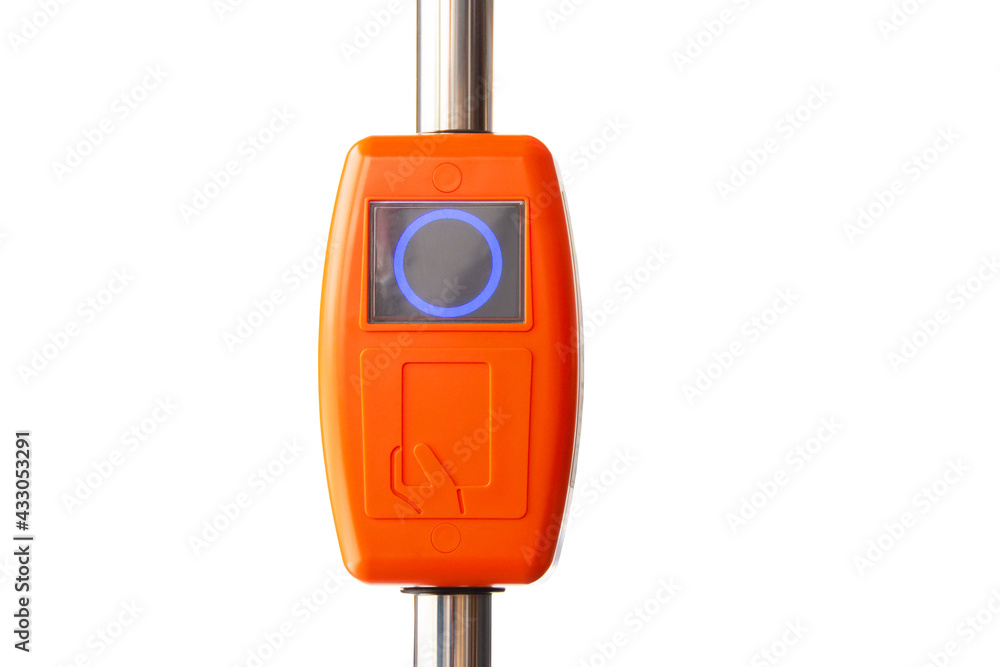 Ticket validator, card reader on public bus, trolleybus, tram. Public Transport card reader and scanner for toll payment, bank card and smartphone. Isolated on white background. Ticket validator, card reader on public bus, trolleybus, tram. Public Transport card reader and scanner for toll payment, bank card and smartphone. Isolated on white background.