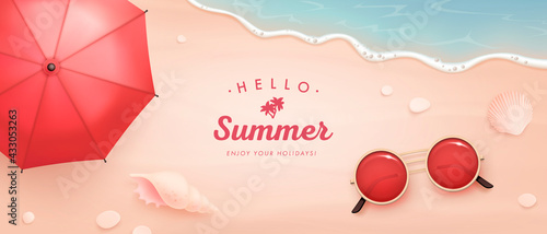 Vector beautiful realistic top view illustration of sandy summer beach with beach umbrella, sunglasses and seashells