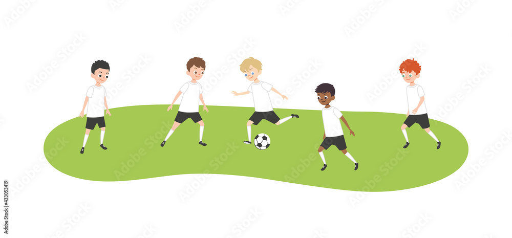 Boys playing soccer game together. Junior football. Vector flat style cartoon illustration.	
