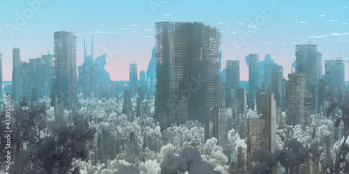 Skyscraper ruins. Apocalypse aerial view. Futuristic abandoned city. Calm downtown scene. Financial district remnants.