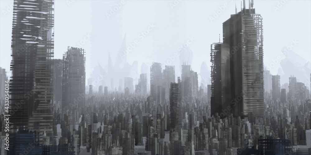 Skyscraper ruins. Apocalypse aerial view. Futuristic abandoned city. Calm downtown scene. Financial district remnants.