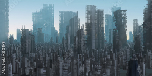 Skyscraper ruins. Apocalypse aerial view. Futuristic abandoned city. Calm downtown scene. Financial district remnants.