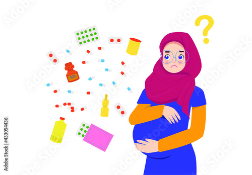 Pregnant muslim woman is tormented by the choice of medicines. Future mom doesn't know what medicines to choose better, what will help. Big choice of medical drugs and vitamin.