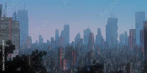 Cityscape skyline. Aerial view of downtown. Calm scene. Financial district. Skyscrapers with lights. © Jakub