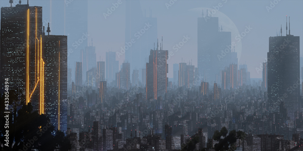 Fototapeta premium Cityscape skyline. Aerial view of downtown. Calm scene. Financial district. Skyscrapers with lights.