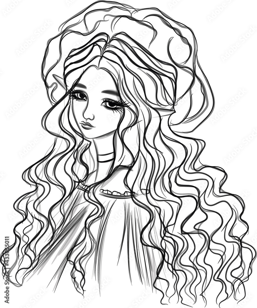 Cute anime girl with long hair _ black and white vector Cute anime girl with long hair _ black and white vector