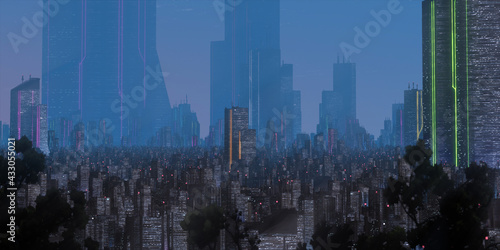 Cityscape skyline. Aerial view of downtown. Calm scene. Financial district. Skyscrapers with lights. © Jakub