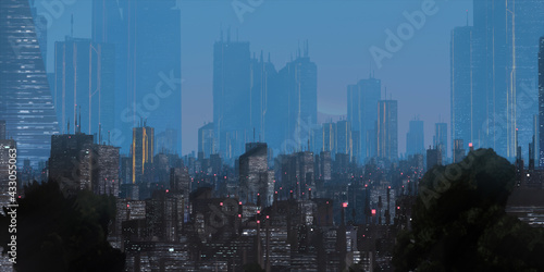 Cityscape skyline. Aerial view of downtown. Calm scene. Financial district. Skyscrapers with lights.