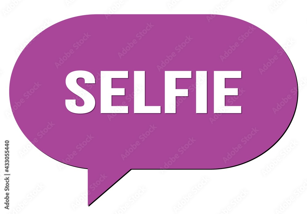 SELFIE text written in a violet speech bubble SELFIE text written in a violet speech bubble