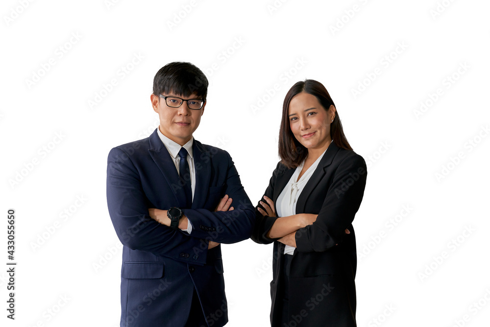 Portrait of Businessman and woman in formal suit with white isolate background and selective path Portrait of Businessman and woman in formal suit with white isolate background and selective path
