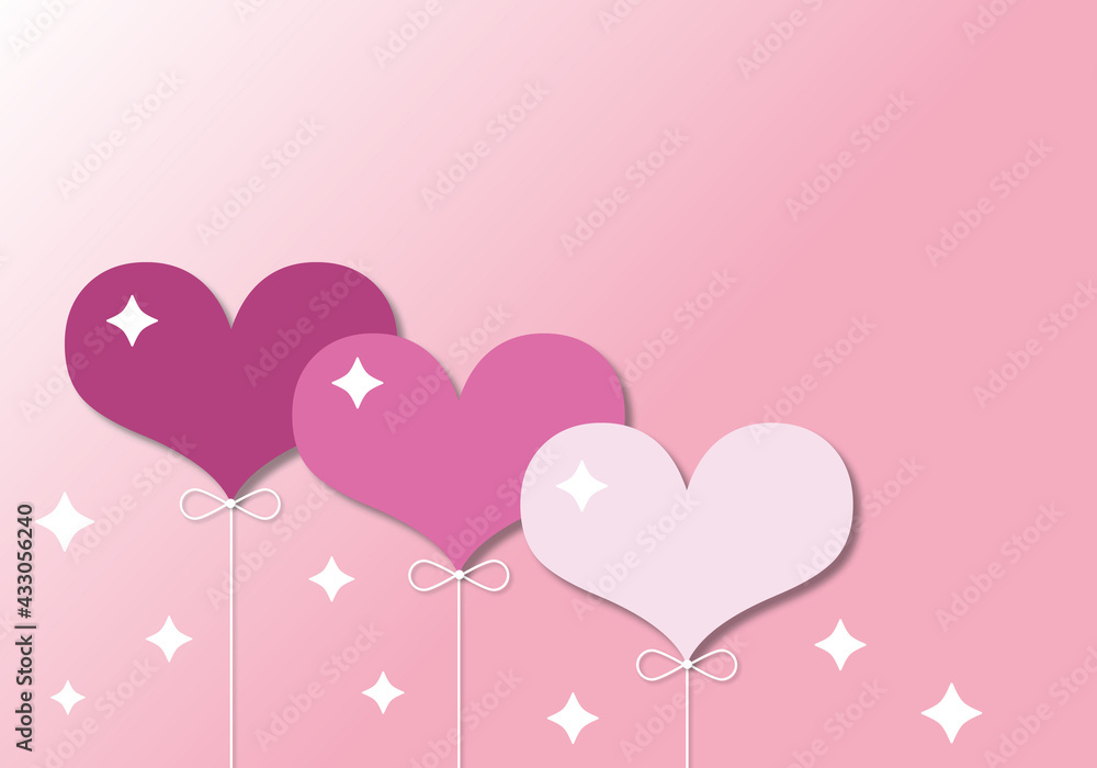 Pink hearts with white stars on pastel pink background, Valentine’s Day, Birthday, Women’s Day, Mother’s Day, Father’s Day, Wedding, poster, card, paper cut style.
