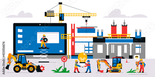 The website is under construction. Service page warning that will be coming soon. Construction site with machinery, builders, tools, unfinished house. Isolated vector illustration on background.