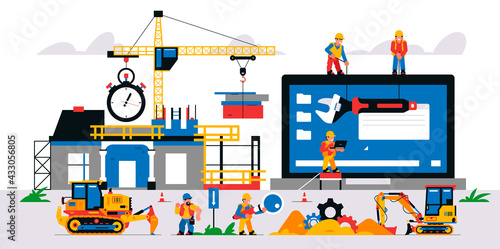 Website development at a construction site. Vector illustration with elements of construction equipment and service personnel. Website development and maintenance. Stopwatch, magnifier, wrench