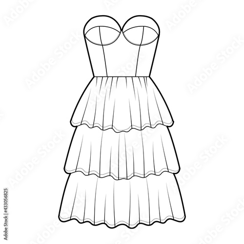 Strapless dress bustier technical fashion illustration with fitted body, 3 row knee length ruffle tiered skirt. Flat garment apparel front, white color style. Women, men, unisex CAD mockup