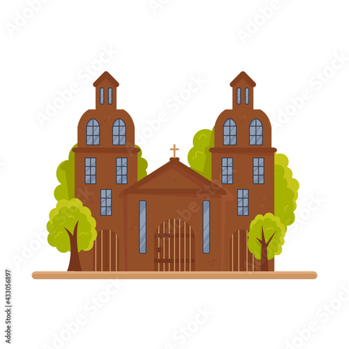 Old catholic church isolated on white background. Medieval architecture as a national treasure, public municipal religious place. Holy Christian protestant building. Vector cartoon flat illustration