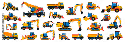 Large collection of construction equipment. Set of commercial vehicles for construction work. Excavator, tractor, bulldozer, asphalt paver, concrete mixer, loader, telehandler. Vector illustration.