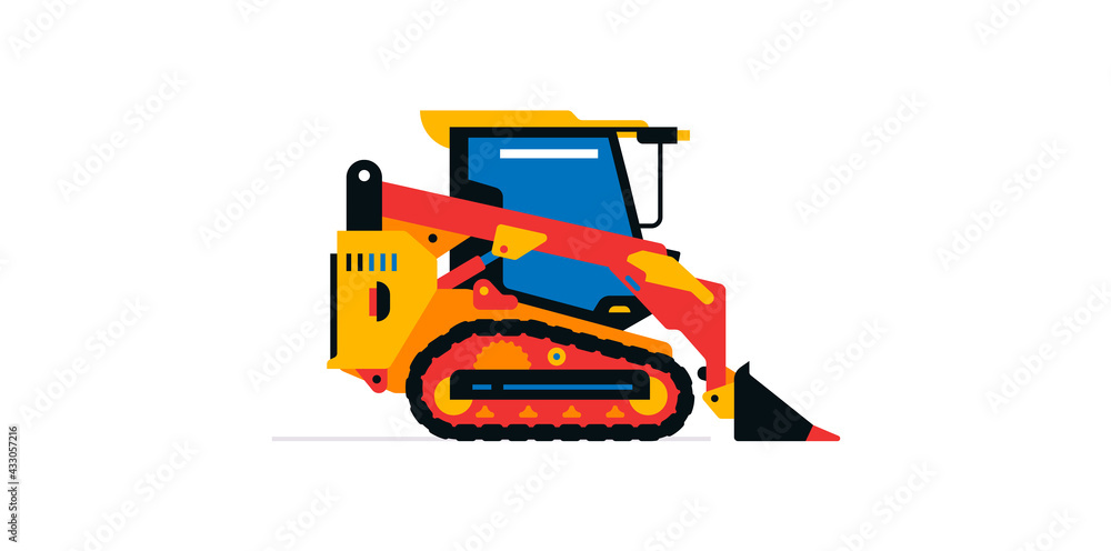 Construction machinery, compact excavator, loader, mini tractor. Commercial vehicles for work on the construction site. Vector illustration isolated on white background Construction machinery, compact excavator, loader, mini tractor. Commercial vehicles for work on the construction site. Vector illustration isolated on white background