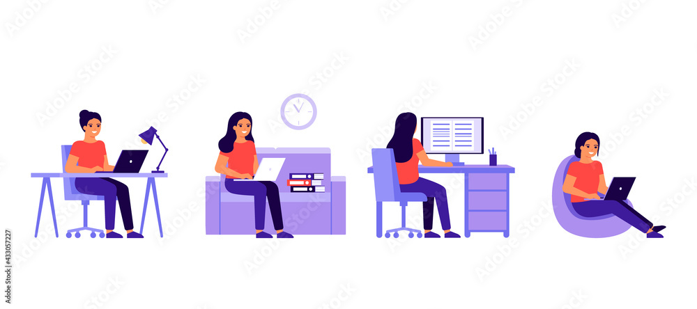 Young woman work at home office with laptop or computer. Busy woman work in various place. Workflow, workspace, working at home, remote work. Freelance girl is employed. Vector flat illustration