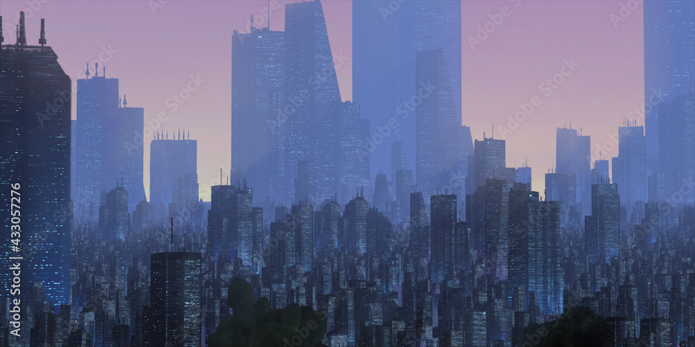 Cityscape skyline. Aerial view of downtown. Calm sunset scene. Financial district. Skyscrapers with lights.
