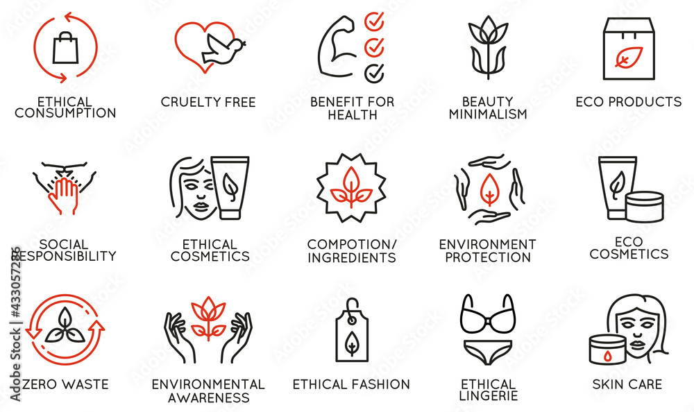 Vector Set of Linear Icons Related to Ethical Consumption and Eco Products.  Mono line pictograms and infographics design elements Stock Vector