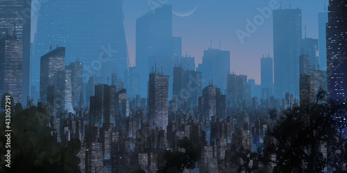 Cityscape skyline. Aerial view of downtown. Calm sunset scene. Financial district. Skyscrapers with lights.  © Jakub