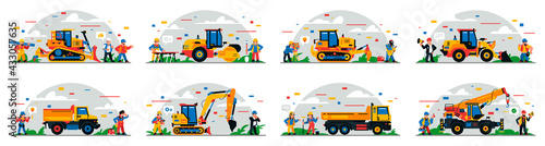 A set of construction equipment and workers on the site. Colorful background of geometric shapes and clouds. Construction site, builders, special equipment, service personnel. Vector illustration.