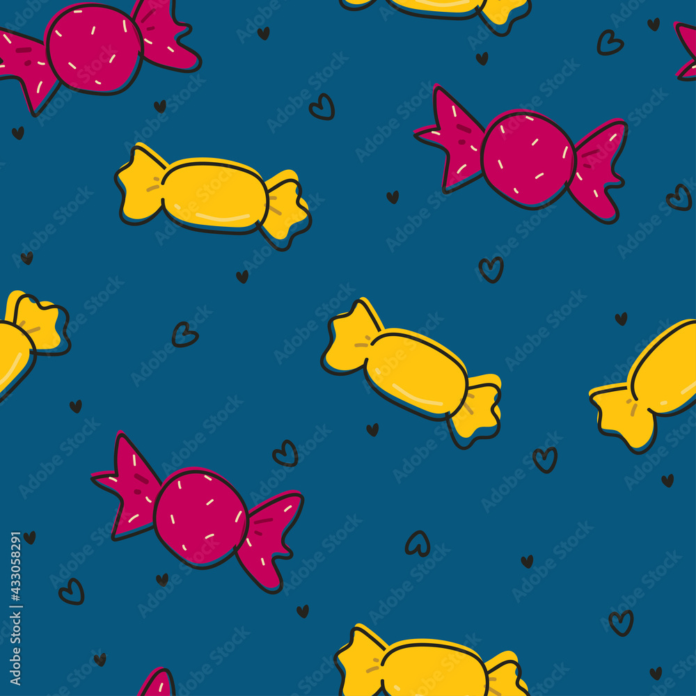 Cute seamless pattern with cartoon dessert and sweets for fabric print, textile, gift wrapping paper. colorful vector for kids, flat style Cute seamless pattern with cartoon dessert and sweets for fabric print, textile, gift wrapping paper. colorful vector for kids, flat style